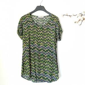 POMELO Anthropologie Geometric Drape Tunic Top Green Blue Pattern Shirt Small